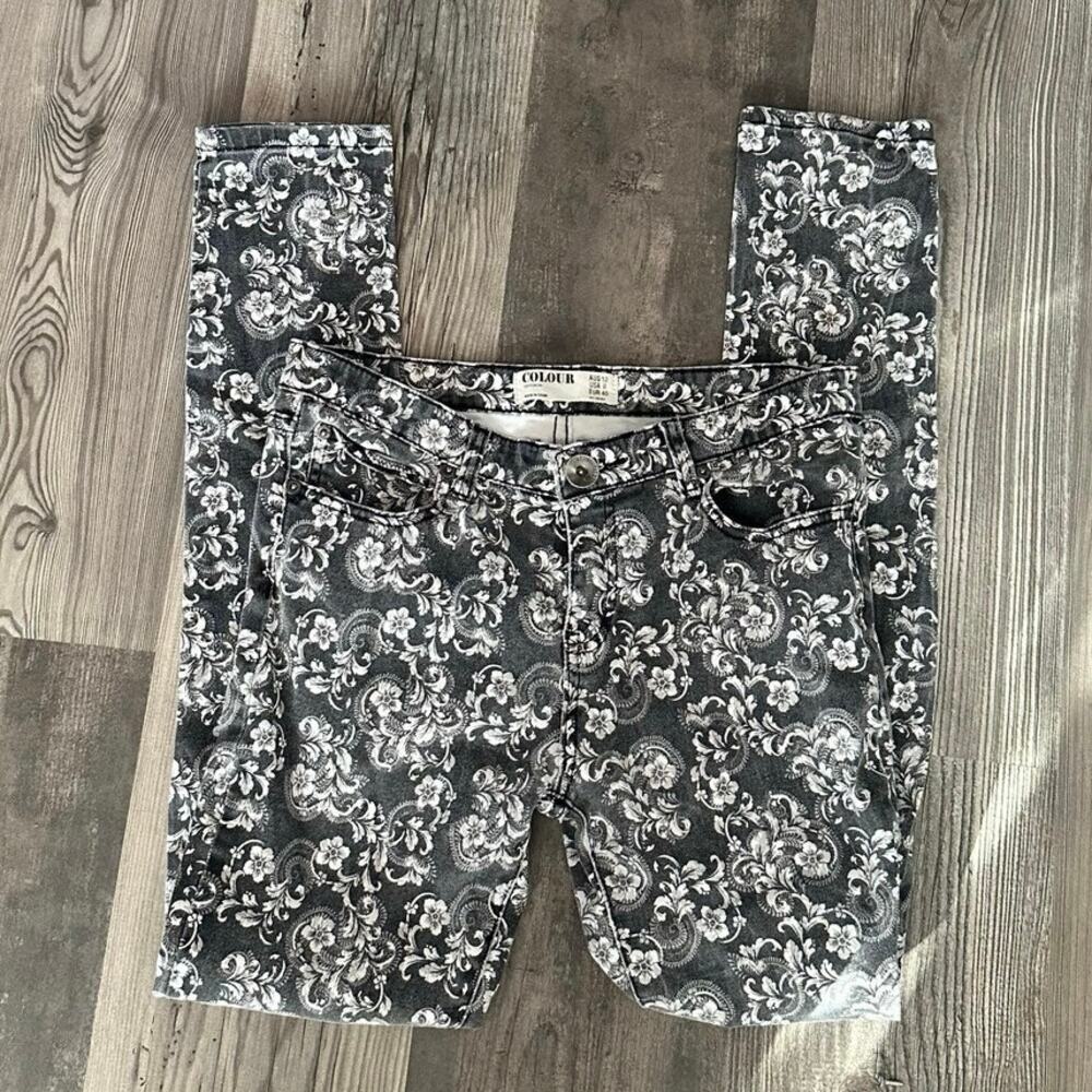 colour gray and white floral flower jeans